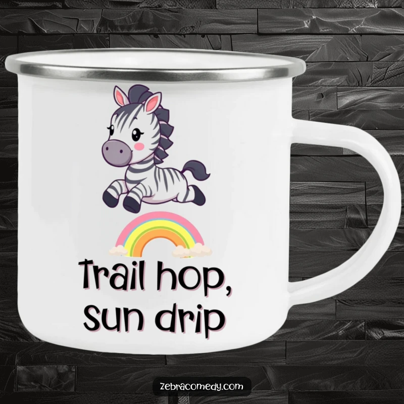 Funny Zebra Camping Mug: A happy zebra character jumping over a small rainbow, perfect for outdoor adventures infused with whimsy.