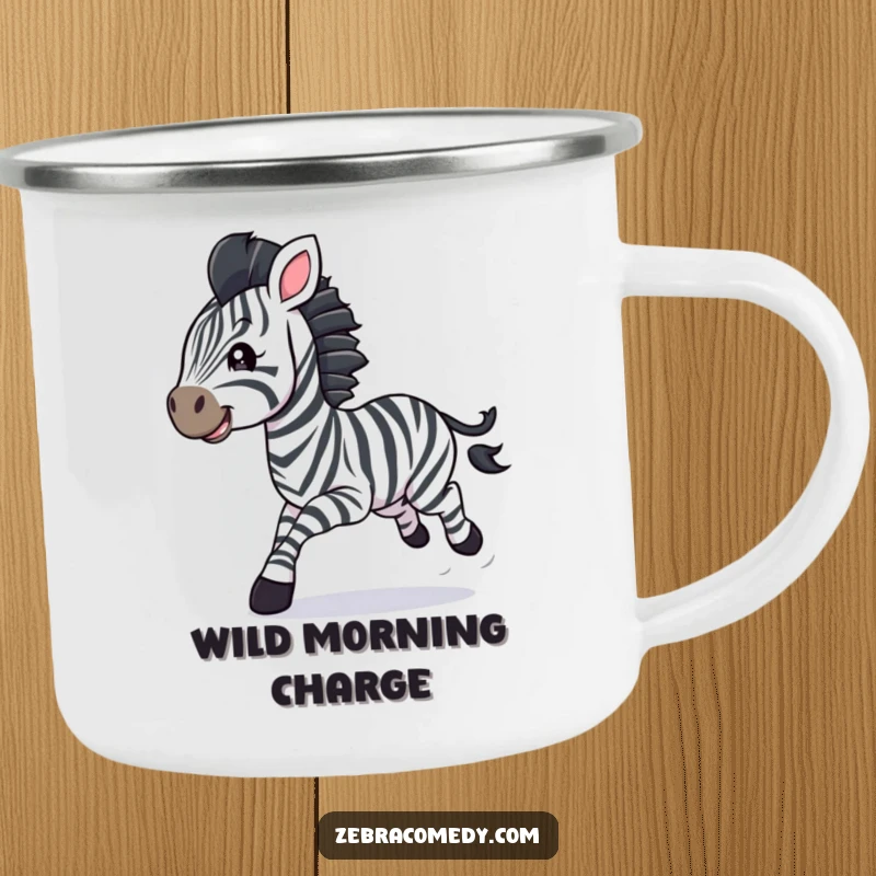 Funny zebra cub camping mug, galloping with streamers, durable and humorous for outdoor celebrations.