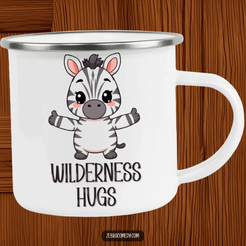 Funny fuzzy zebra enamel camping mug with arms outstretched, ready for a hug, a cheerful companion for outdoor adventures.