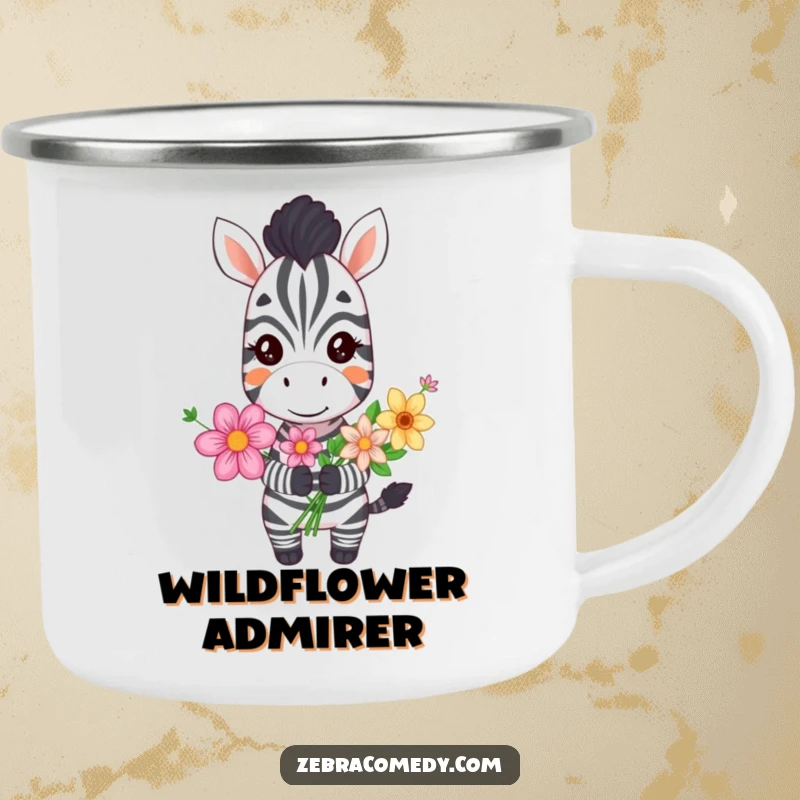 Funny grinning zebra enamel camping mug holding a bouquet of flowers, perfect for campers who appreciate cheerful, humorous design.