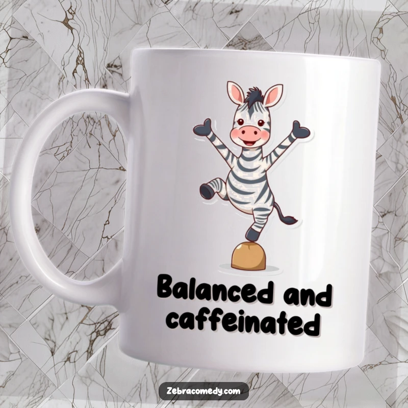 Funny Zebra Mug: A zebra balancing perfectly on one hoove, arms spread wide in a pose of pure, unadulterated delight.