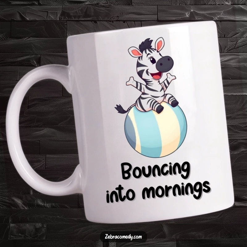 Funny zebra mug showing a happy zebra joyfully bouncing on a large striped ball with a wide, infectious grin, radiating pure fun.