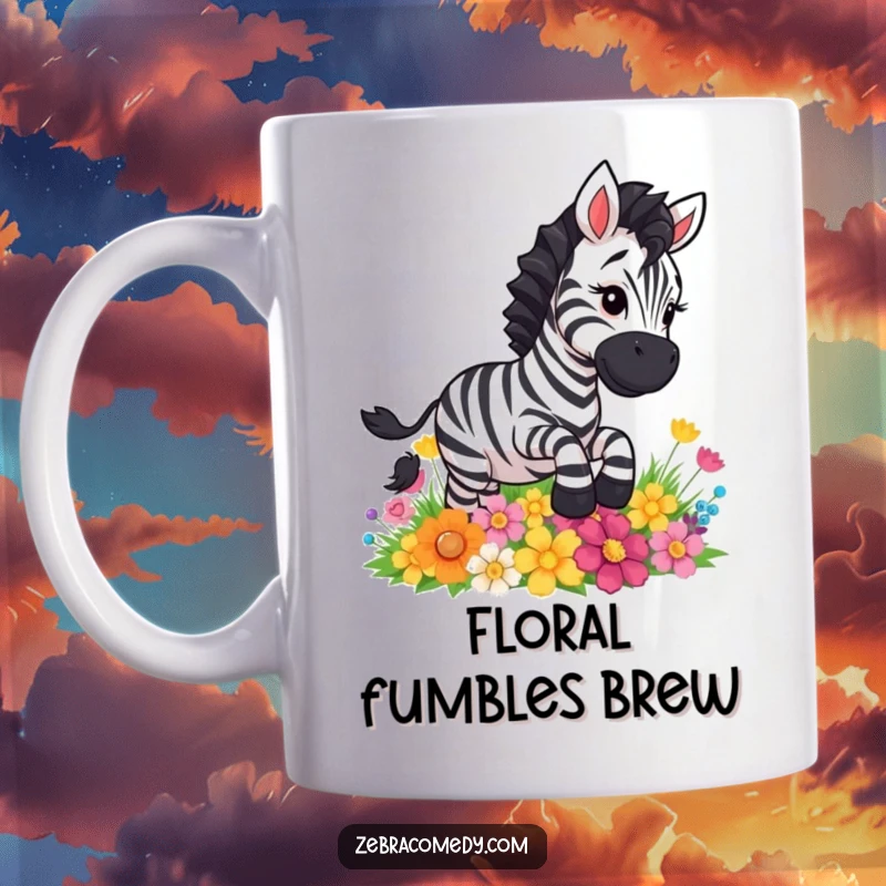 Funny zebra character comically slipping on a patch of colorful flowers, a hilarious and amusing mug design.