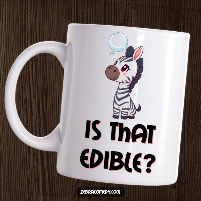 Funny zebra mug featuring a curious zebra gazing upwards at a magical floating bubble, evoking wonder and playful imagination.