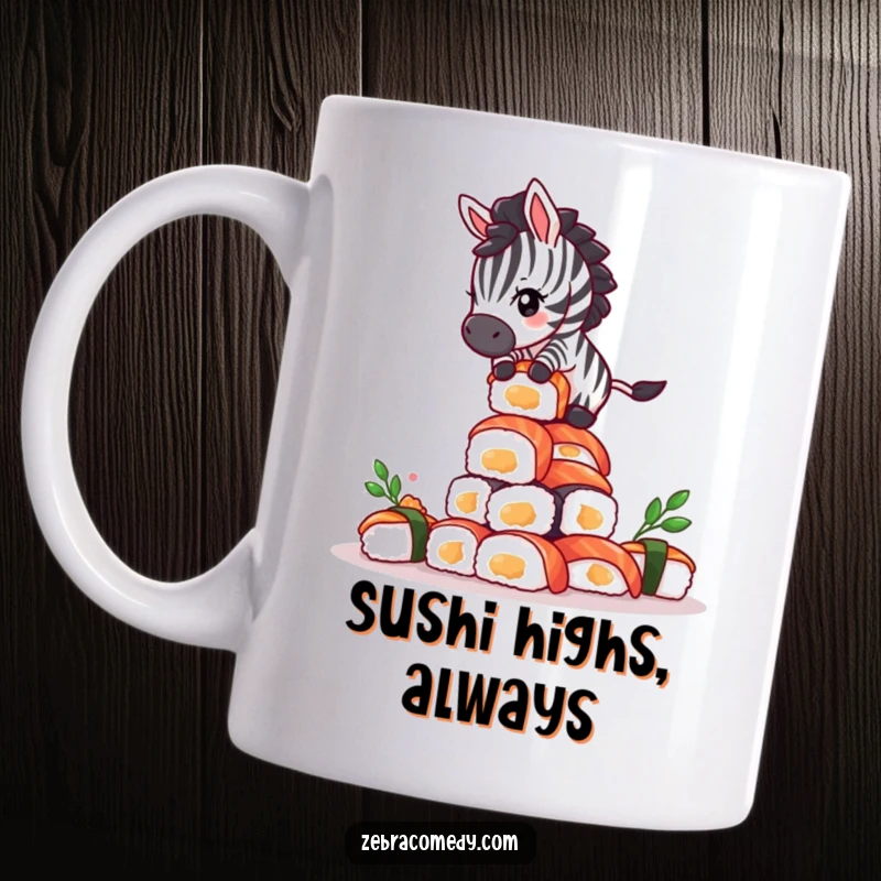 Funny Giddy Zebra Sushi Tower Mug: A dizzy zebra bravely balancing atop a shaky, high stack of sushi rolls.