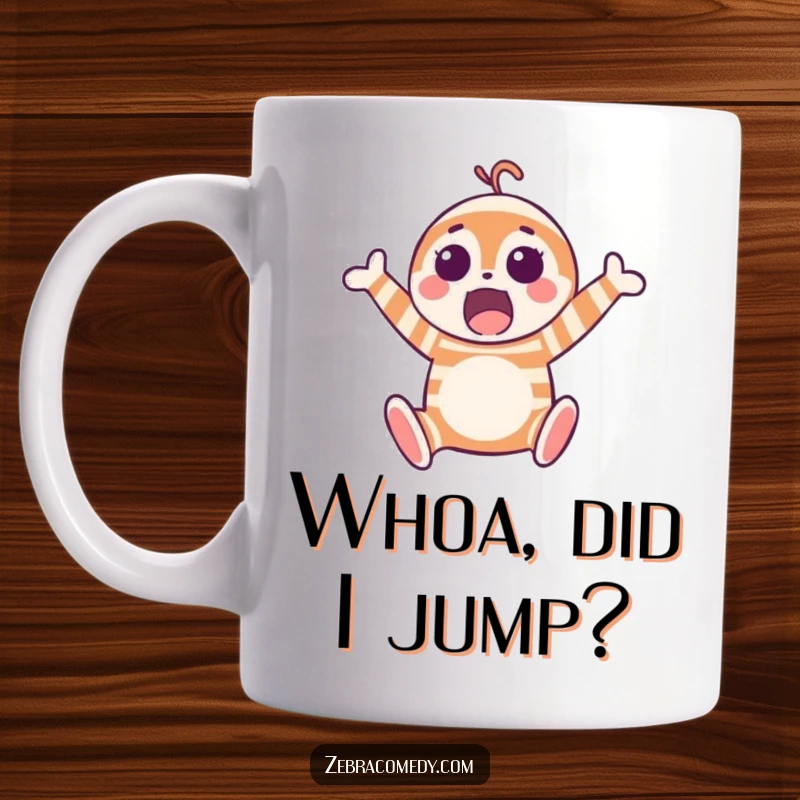 Funny mug with a surprised striped character joyfully jumping mid-air, expressing pure exhilaration and fun.