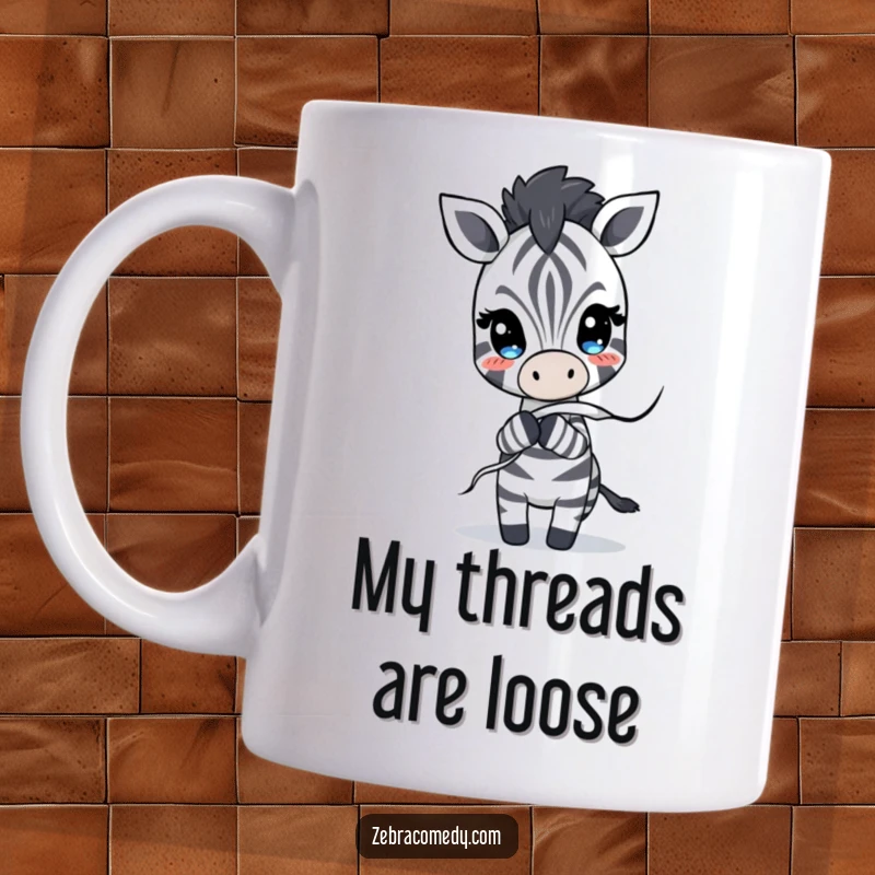 Funny Mug featuring a zebra character playfully tugging on a loose stripe that is comically unraveling, showing a silly mistake.
