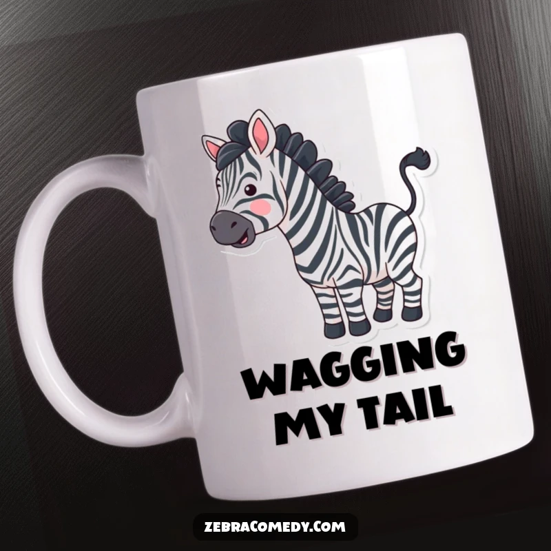 Funny zebra with exaggerated wavy stripes happily wiggling its tail on a mug, exuding pure joy.