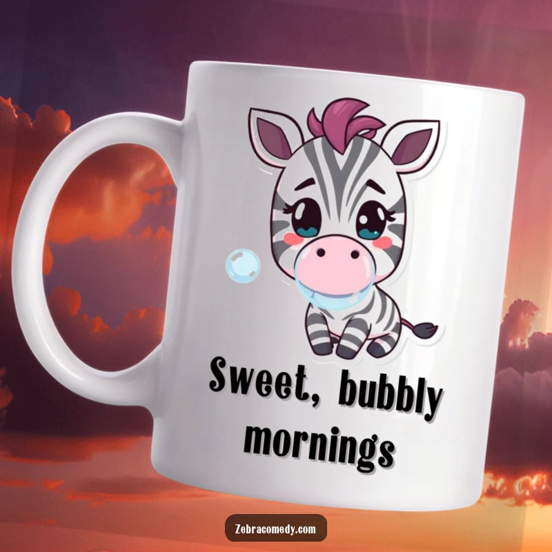 Funny mug featuring a cheerful zebra character blowing a large, colorful bubble, radiating pure joy and sweet fun.