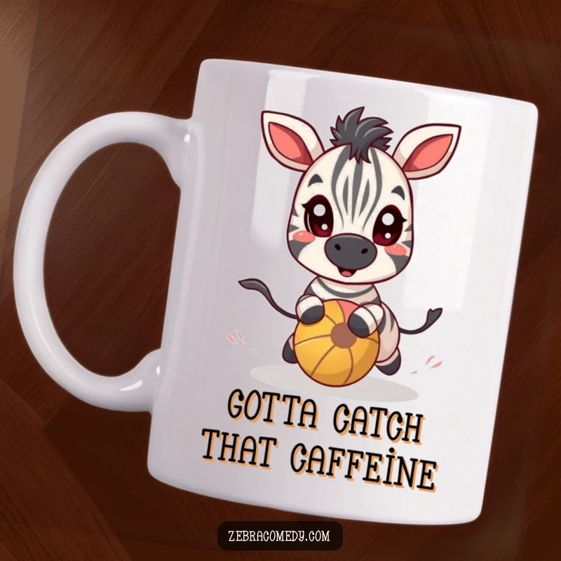 Funny zebra character with wide, excited eyes playfully chasing a bouncy ball on a mug, conveying pure fun.