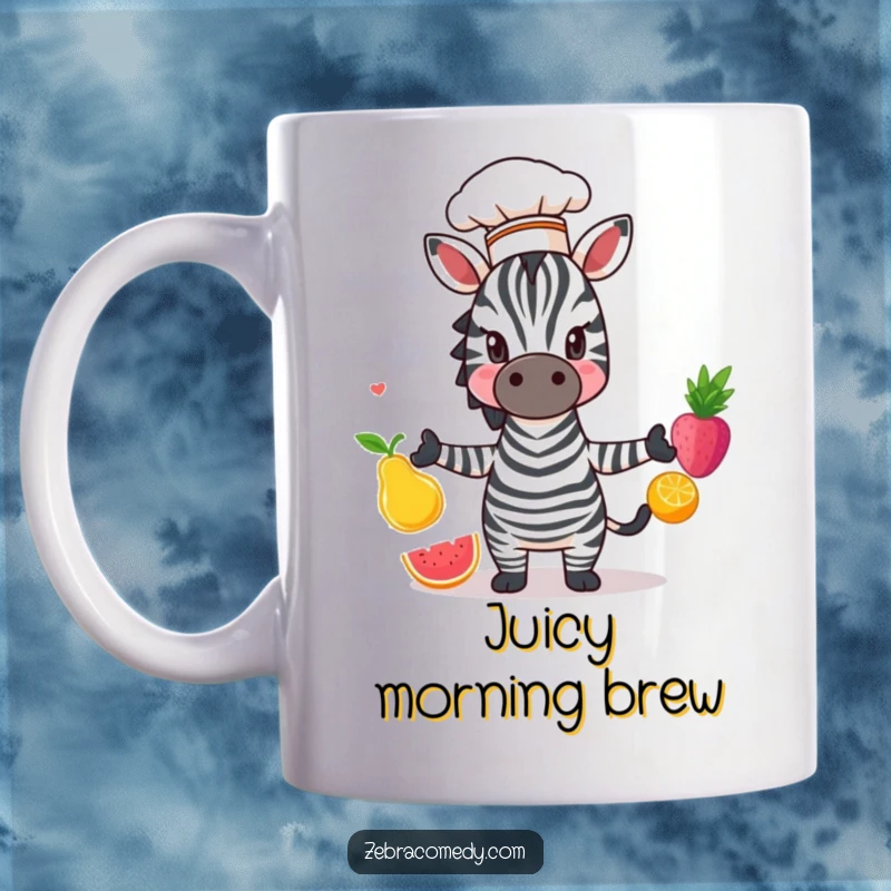 Funny Zebra Mug: A zebra wearing a chef hat, comically juggling three colorful fruits, showcasing culinary talent with humor.
