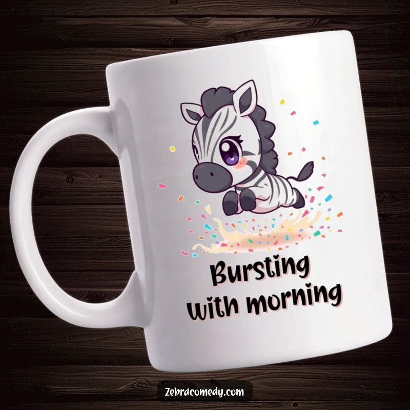 Funny Zebra Mug: A short zebra with big eyes leaping over an explosion of confetti, full of joy, gift idea.
