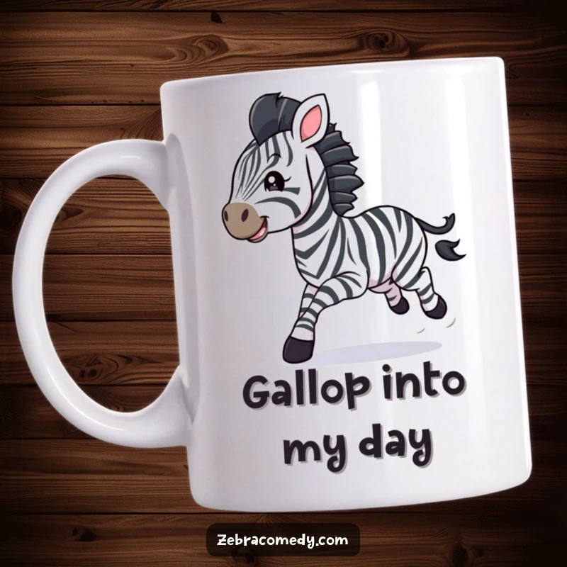 Funny zebra cub mug, joyfully galloping with colorful streamers trailing behind, embodying wild celebration and pure happiness.