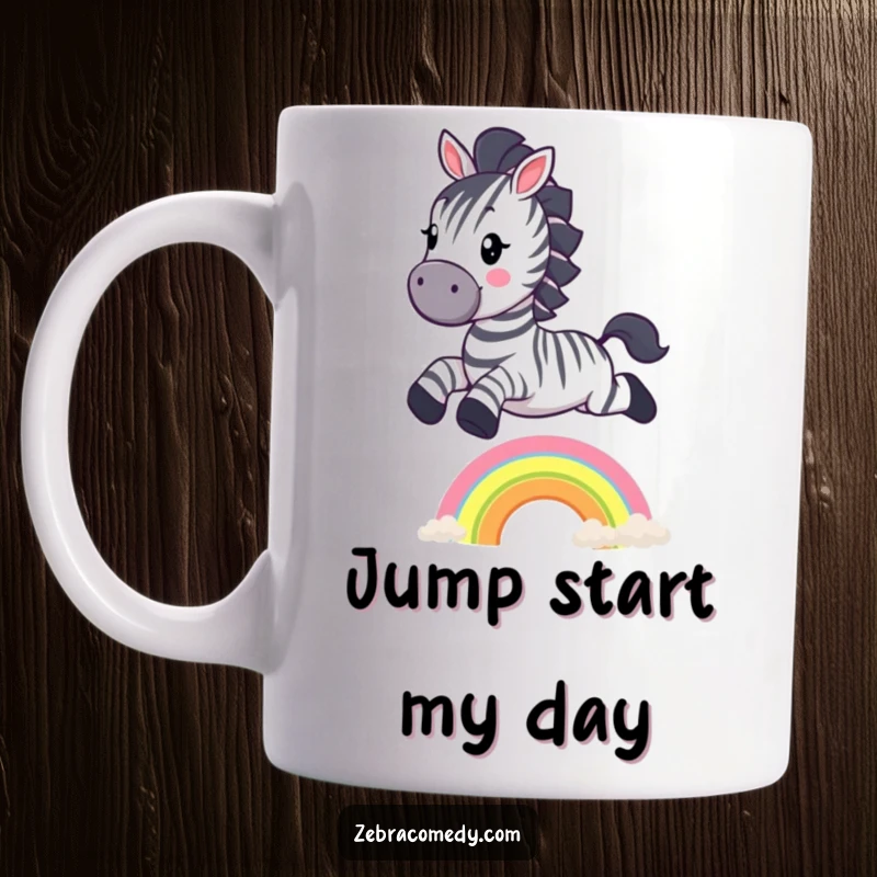 Funny Zebra Mug: A joyful zebra character mid-air, happily jumping over a vibrant small rainbow, embodying fun and optimism.
