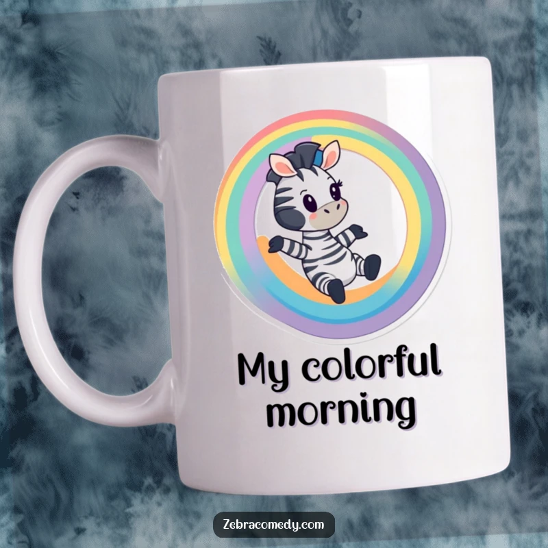 Funny Zebra Mug: A cartoon zebra joyfully sliding down a bright rainbow, evoking pure happiness, gift idea.