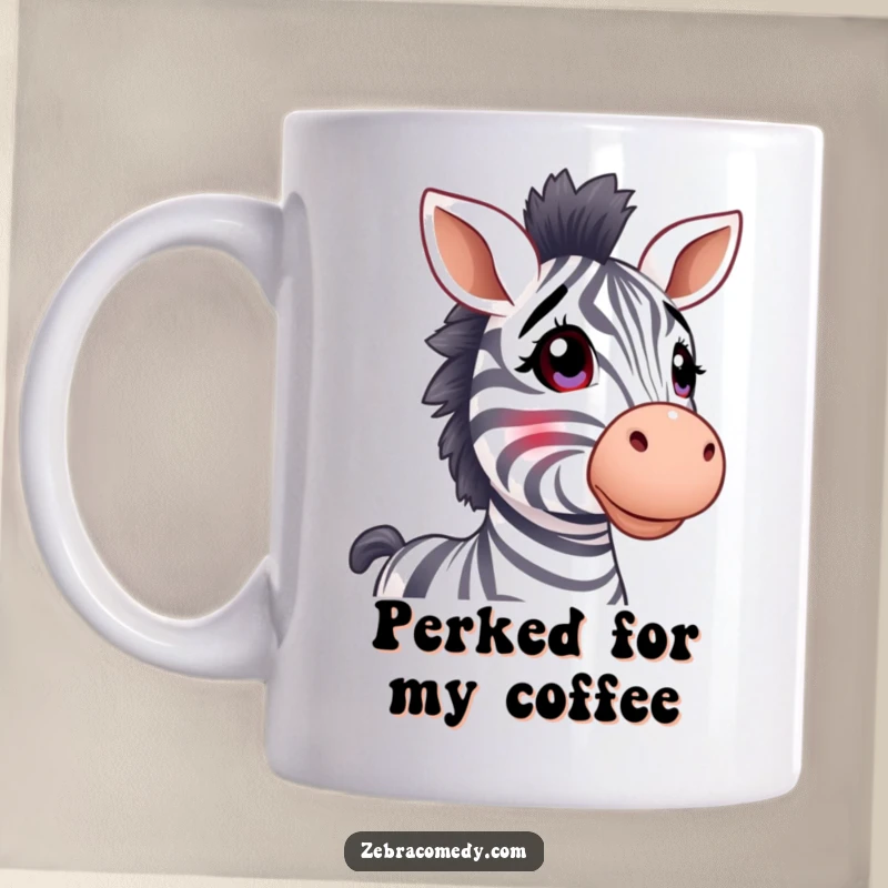 Funny zebra mug, stripy ears perked upwards, looking up in wonder, showcasing innocent curiosity and charm.