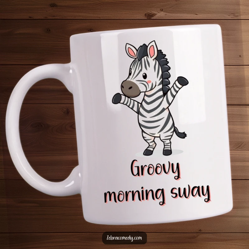 Funny zebra character doing a joyful, silly dance with its front legs enthusiastically in the air, a happy mug design.