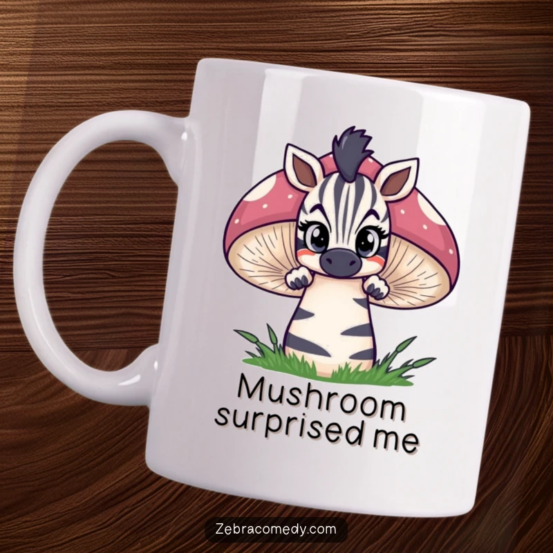 Funny zebra mug showing a curious zebra peeking over a large, striped mushroom with wide, inquisitive eyes, embodying delightful forest wonder.