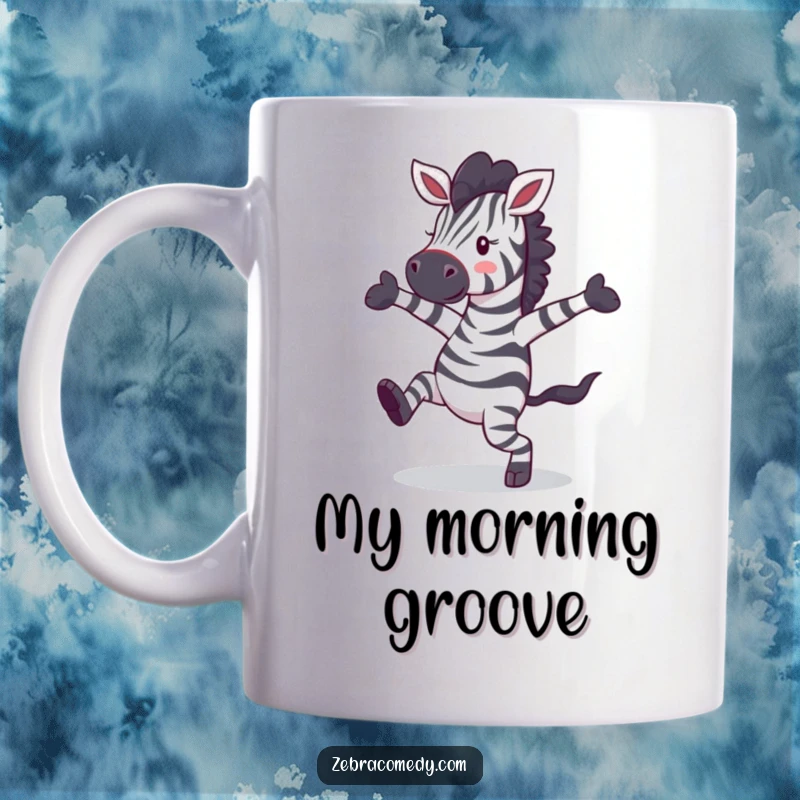 Funny zebra character doing a silly, chaotic dance with arms and legs flailing wildly, perfect for a mug gift.
