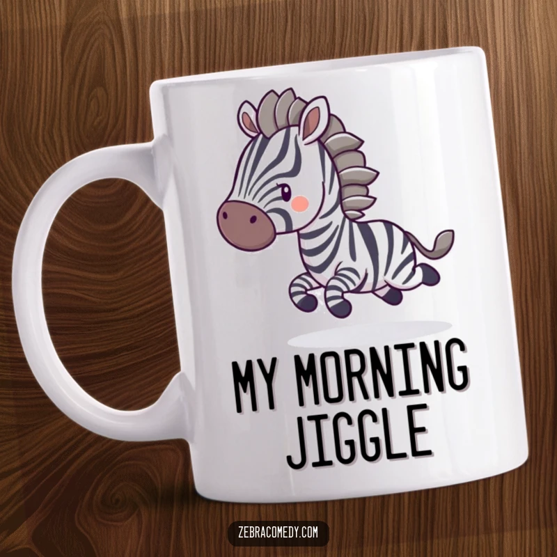 Funny Mug: A zebra character playfully bounces, its stripes blurring with motion, creating a sense of energetic fun and excitement.