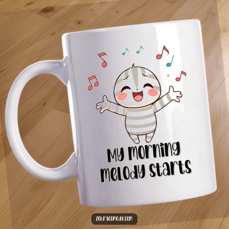 Funny mug showing a joyful striped character with arms wide, surrounded by floating musical notes, expressing pure musical bliss and happiness.