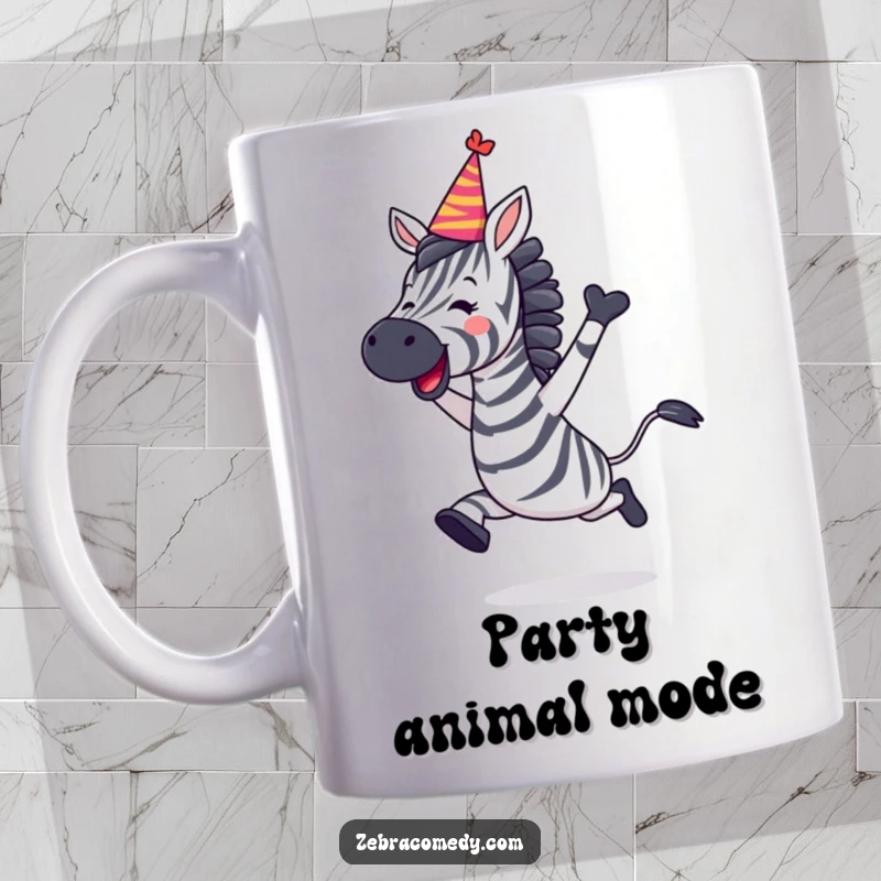 Funny Zebra Mug featuring a zebra leaping with joy and wearing a party hat askew.