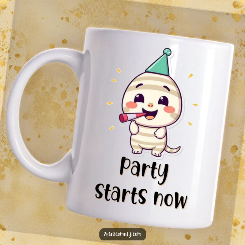 Funny Party Animal Striped Character Mug: A happy striped character wears a party hat and blows a noisemaker with a wide, infectious smile.