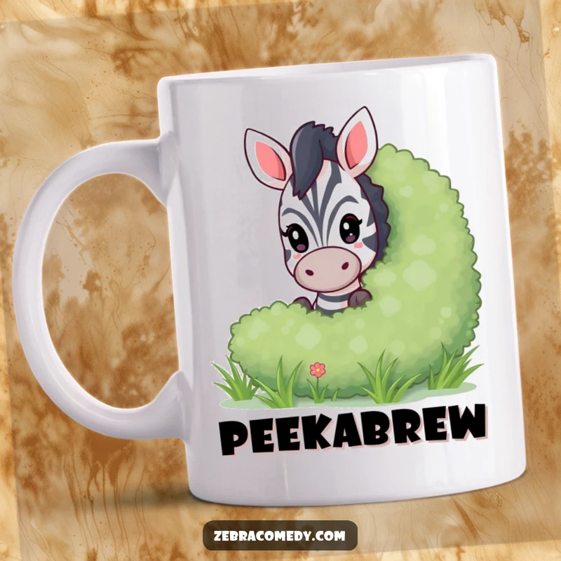 Funny peeking zebra mug featuring a playful zebra peeking out from behind a large green bush, evoking curiosity and fun.