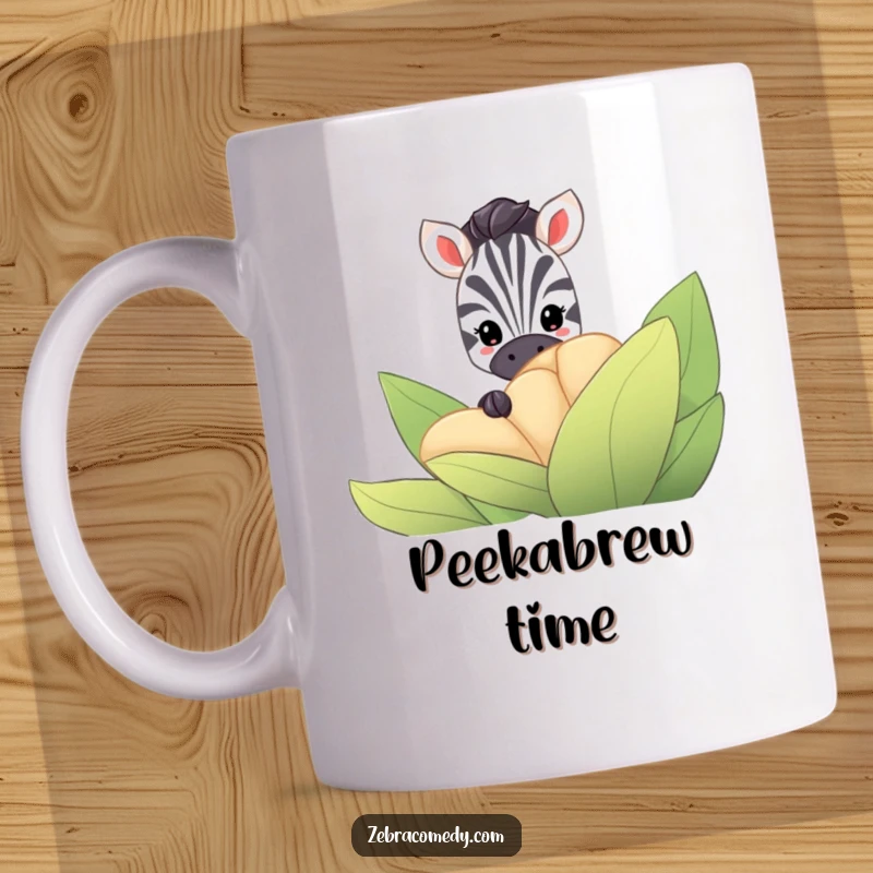 Funny Zebra Mug: A shy zebra peeks its eyes from behind a large, striped flower, playing a comical game of hide-and-seek.
