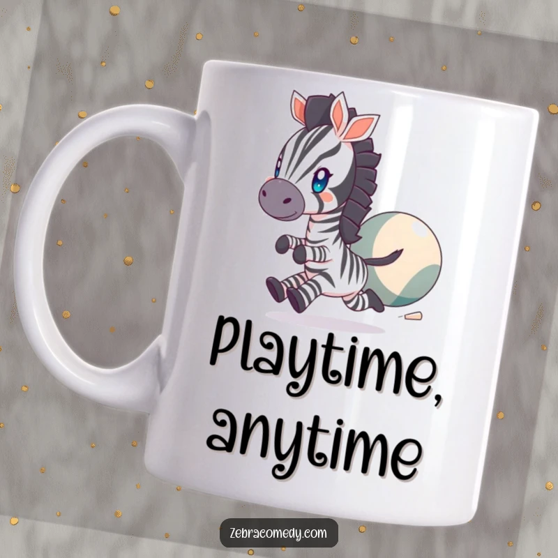 Funny Mug featuring a zebra character with sparkling eyes, enthusiastically chasing a large, bouncing ball, radiating playful energy.