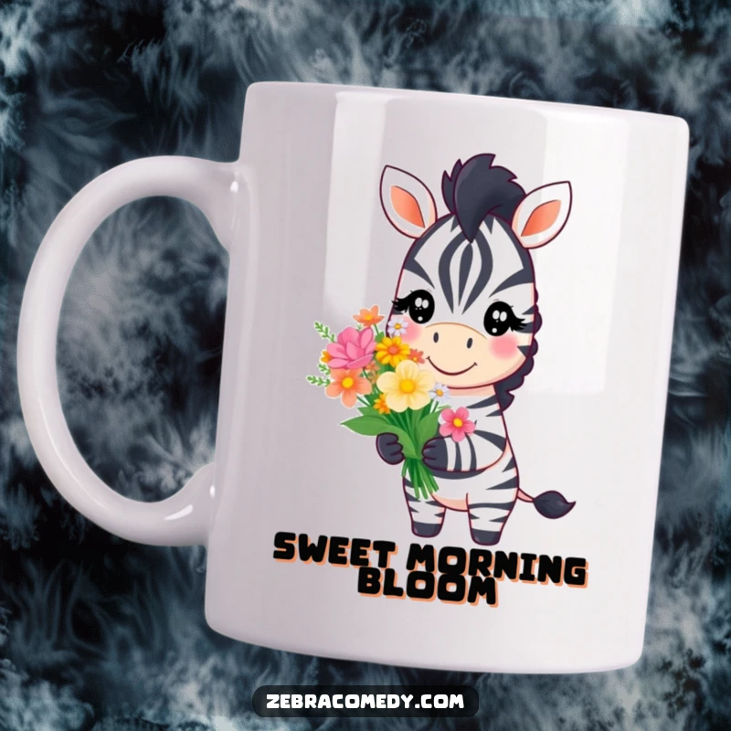 Funny zebra character with a sweet smile offering a bouquet of flowers on a mug, symbolizing kindness and humor.