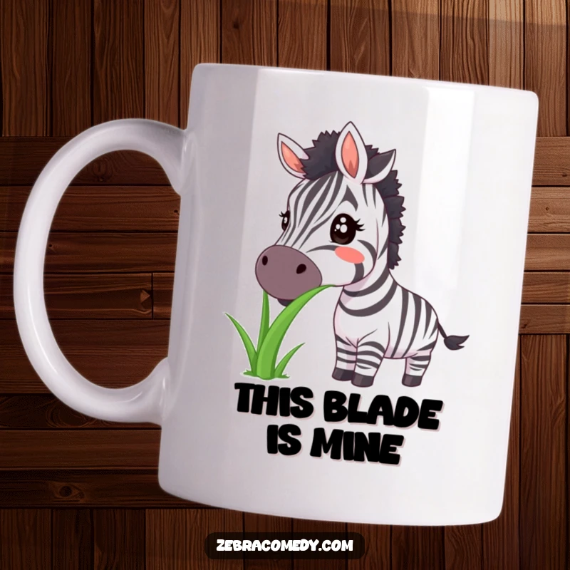 Funny zebra mug with a huge smile munching on a comically large blade of grass, radiating happiness and humor.