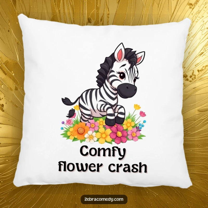 Funny zebra comically slipping on colorful flowers, a soft and decorative pillow bringing laughter and cheer.