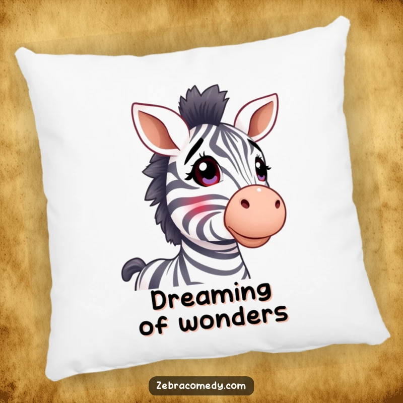 Funny zebra pillow, stripy ears perked, looking up in wonder, soft and humorous decor.