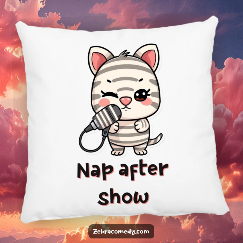 Funny Striped Microphone Pillow: A mischievous striped character balances a microphone on its nose, winking playfully.