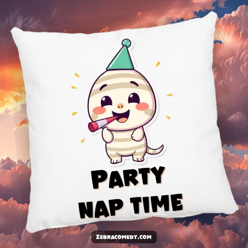 Funny Striped Party Pillow: A happy striped character wears a party hat and blows a noisemaker, radiating pure celebration.