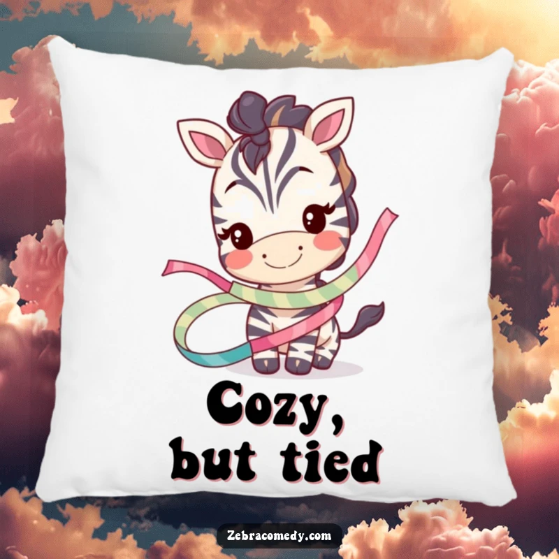 Funny pillow featuring a smiling zebra character playfully tangled in a whimsical ribbon, offering comfort and a humorous touch.