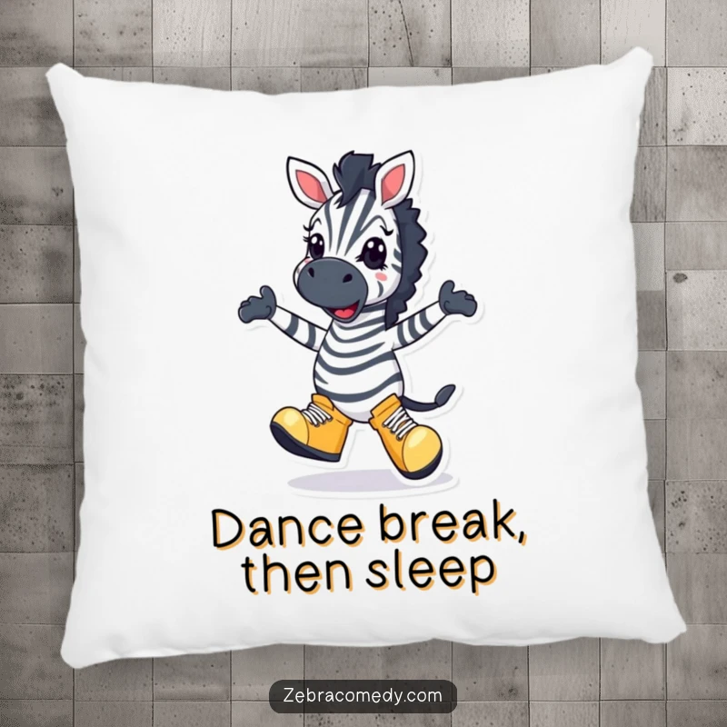 Funny Zebra Pillow: Soft cushion showcasing a zebra in oversized shoes doing a silly dance with a wide grin, adding whimsical comfort.