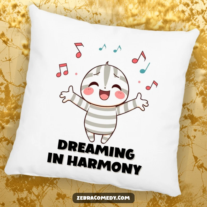 Funny pillow showcasing a happy striped character serenaded by floating musical notes, offering comfort and a humorous musical theme.