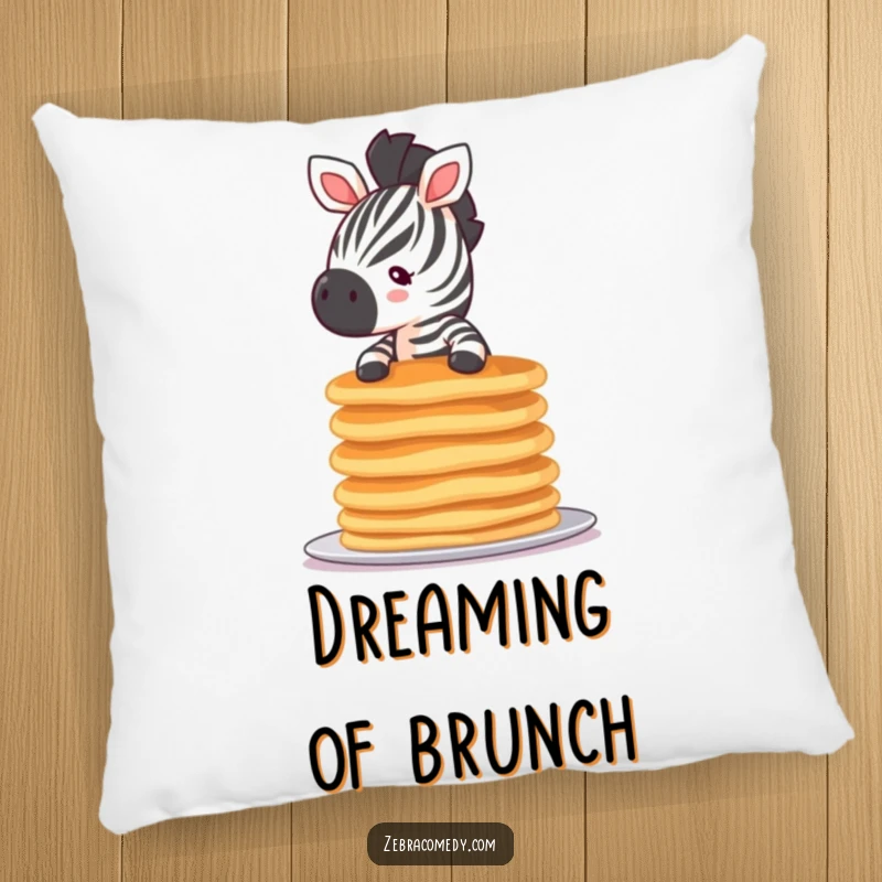 Funny tiny zebra pancake pillow depicting a small zebra balancing a precarious stack of pancakes, perfect for adding humorous comfort.