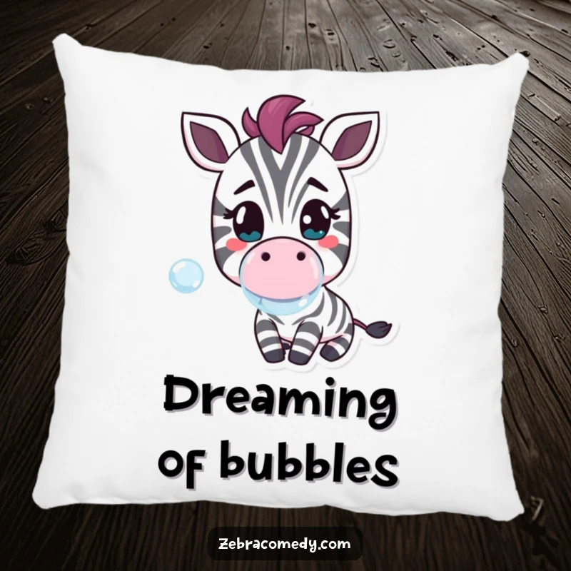 Funny pillow featuring a cheerful zebra character blowing a bubble, offering cozy comfort and a dose of humorous delight.