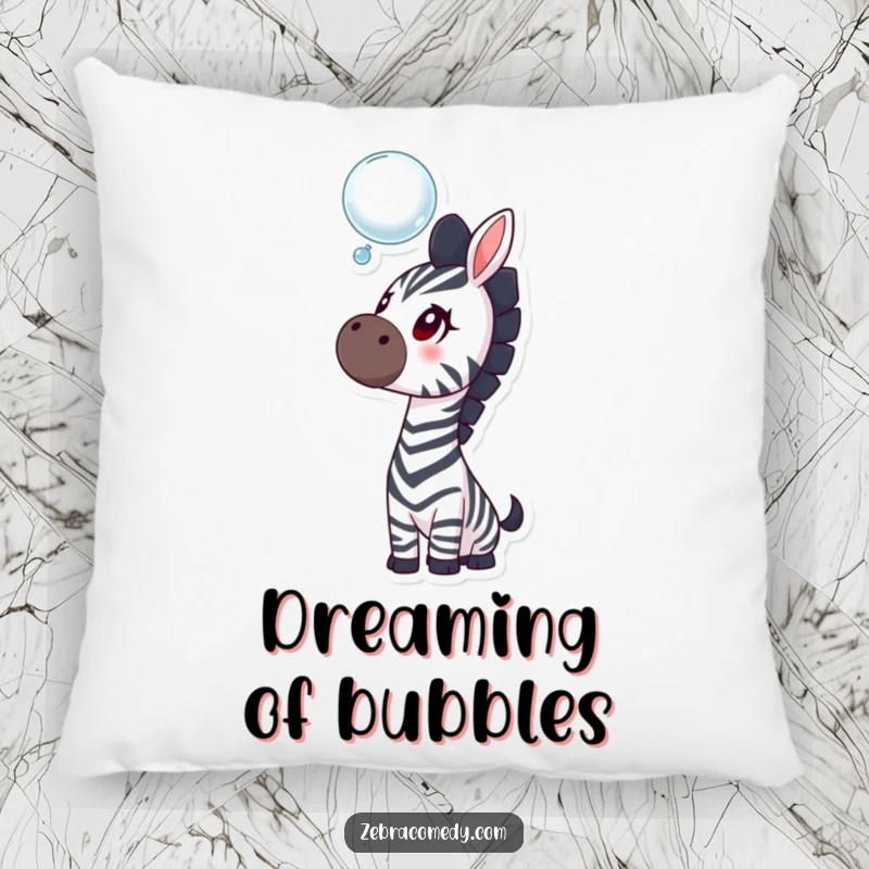 Funny zebra pillow featuring a curious zebra looking up at a bubble, offering comfort and a whimsical, humorous touch to home decor.