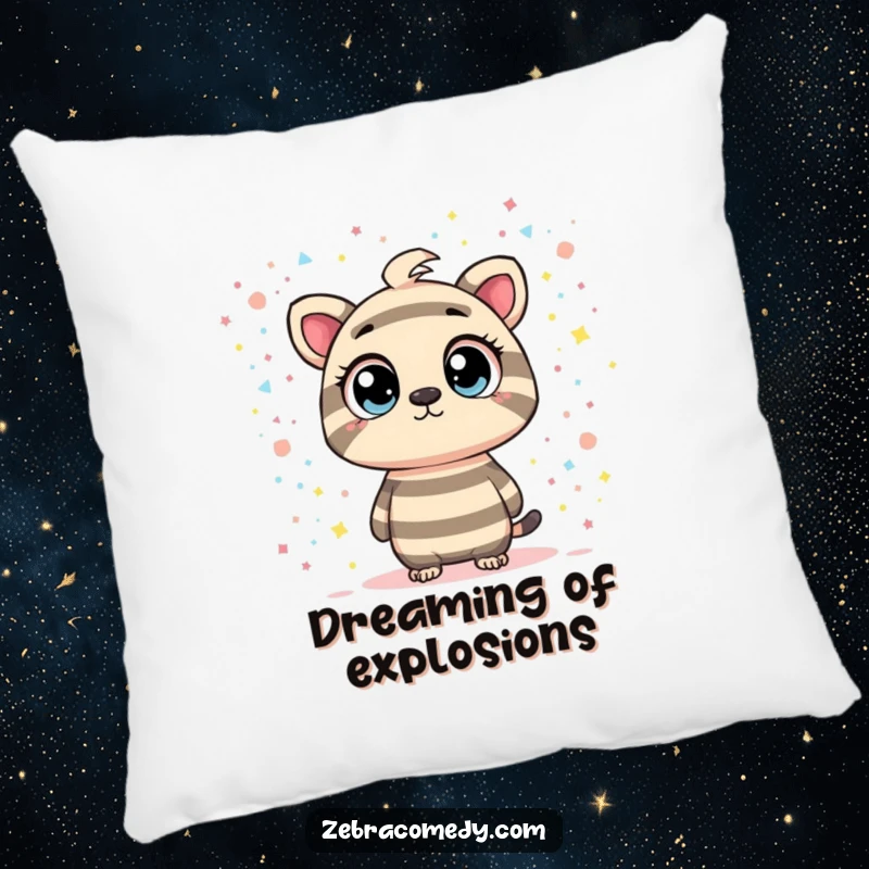 Funny pillow with a striped character curiously observing a vibrant confetti galaxy, offering comfort and a touch of cosmic humor.