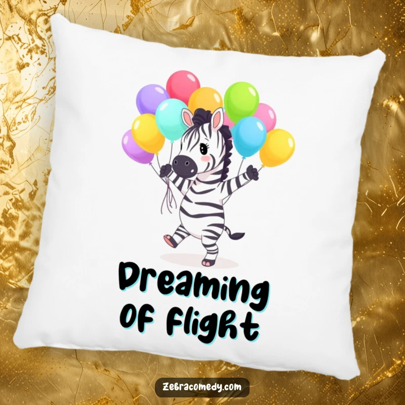 Funny Pillow showing a joyful zebra character dancing with a spectacular arrangement of colorful balloons, perfect for adding whimsical comfort.