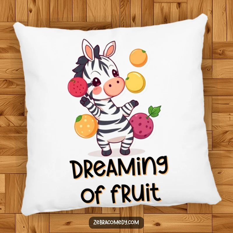 Funny zebra juggling colorful fruits, a soft and decorative pillow that brings joy and humor to any seating area.