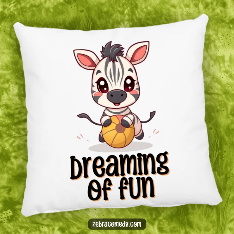 Funny zebra character with wide, excited eyes chasing a bouncy ball, printed on a soft pillow for cozy fun.