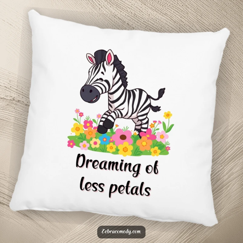 Funny pillow featuring a surprised zebra character comically slipping on a colorful arrangement of flowers, soft and humorous.