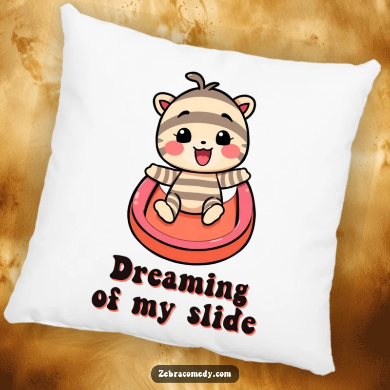 Funny pillow featuring a delighted striped character on a high-speed slide down a rainbow, offering comfortable seating and humorous decor.
