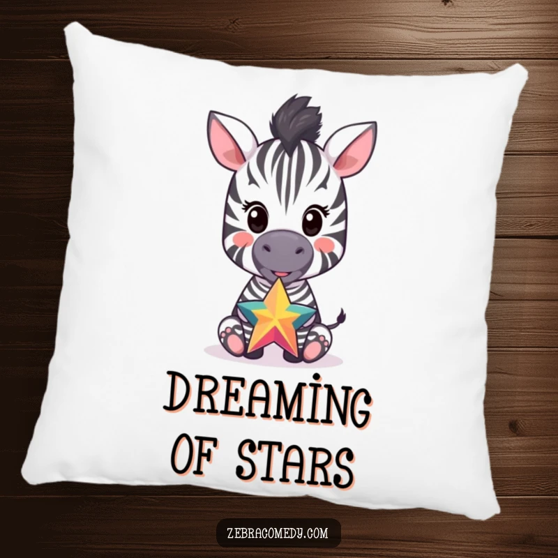 Funny pillow featuring a happy zebra cub balancing a colorful star on its nose, offering a soft and humorous decorative accent.