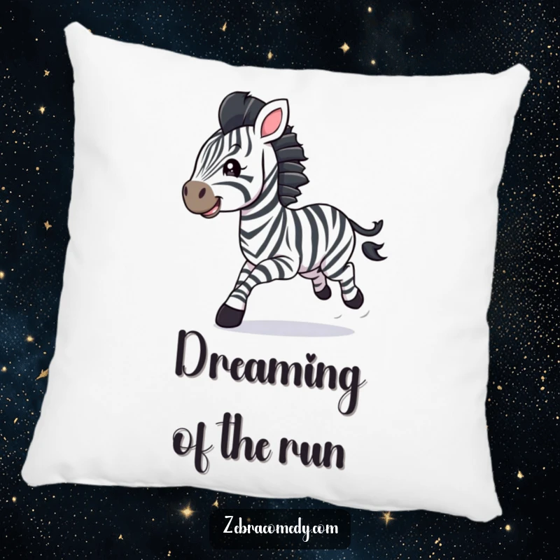 Funny zebra cub pillow, galloping with streamers, soft and humorous decor.